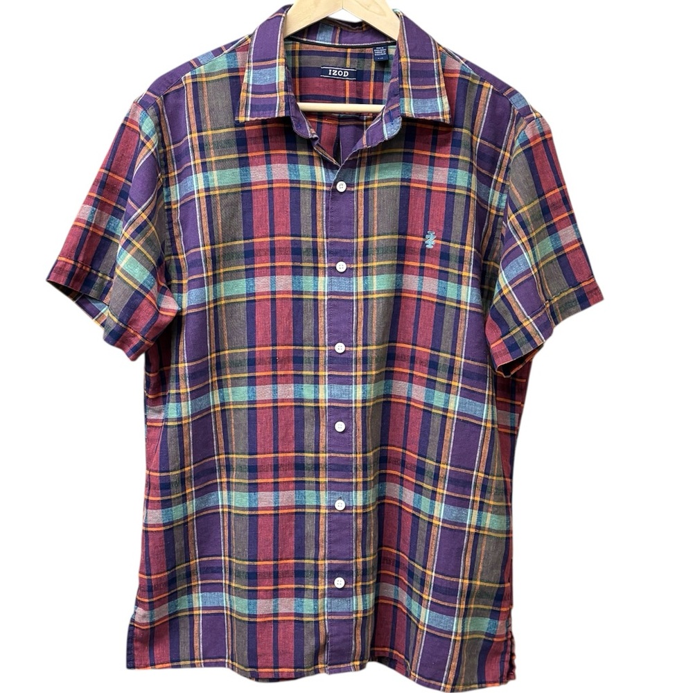 Purple madras plaid linen blend button down, Izod large
